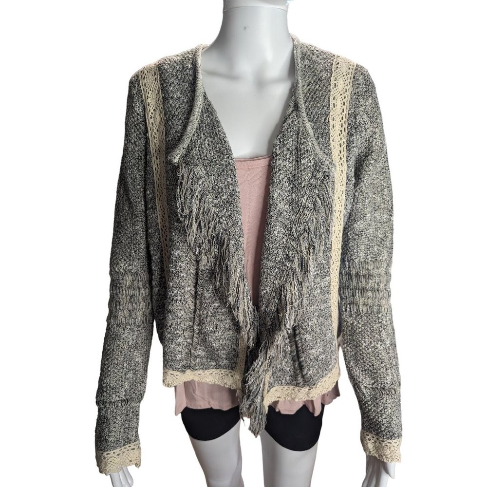 Mary McFadden Grey Tweed Pattern Evening Jacket Open Cardigan Fringe & Lace sz M